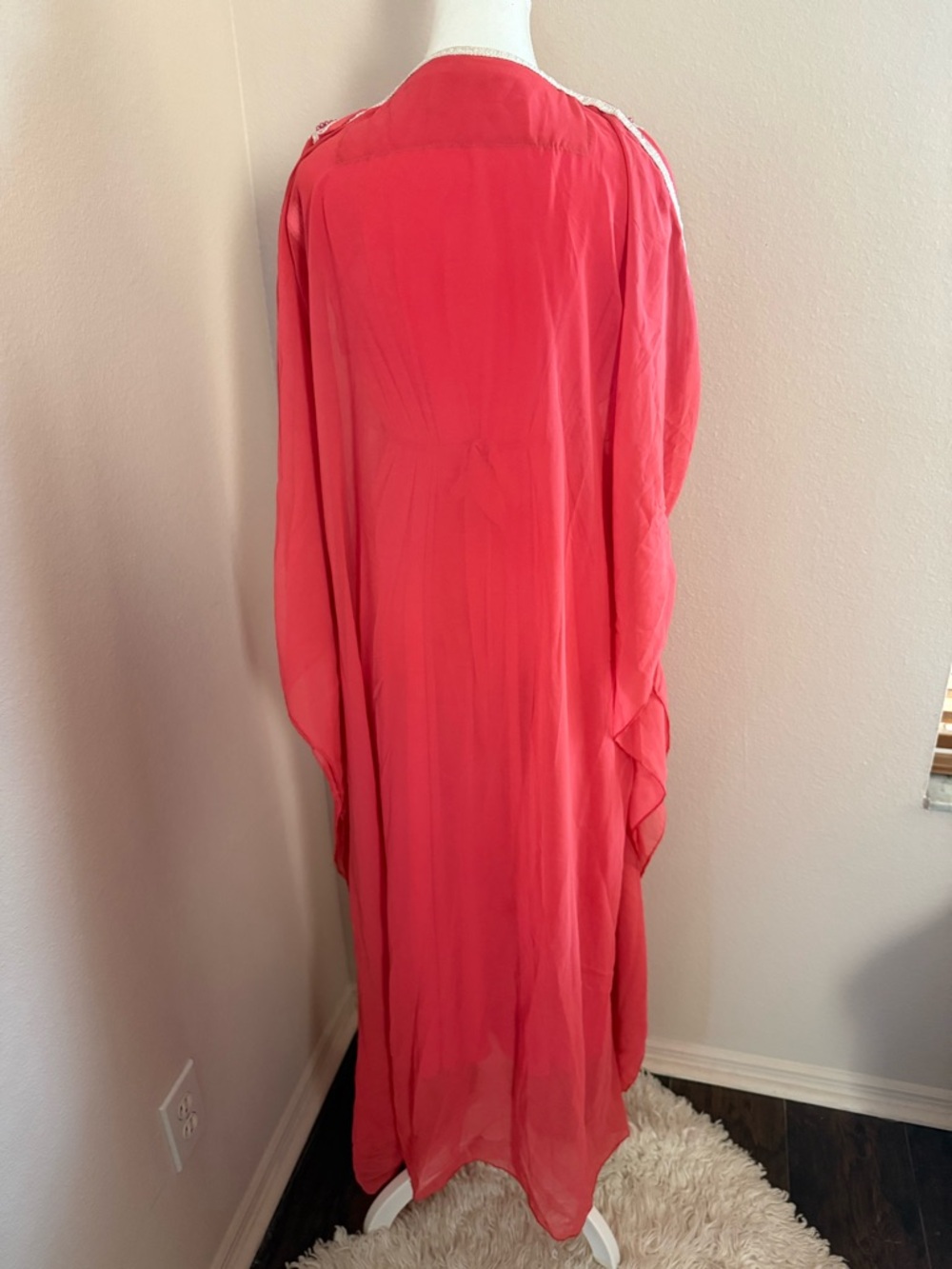 Luxury Moroccan Farasha Kaftan 2-Piece Set – Coral Red Embroidered Dress - Picture 6 of 14